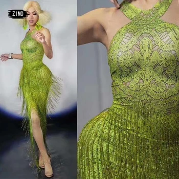Мода пискюл кристали зелена рокля с ресни вечерни рожден ден празнуват нощен клуб етап певицата жени латински танц костюми