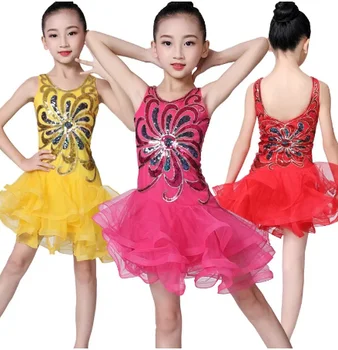 Момичета, детски мода танц рокля от плътен пайети средата на решетката пухкави детски костюми, латински танц с танц рокля
