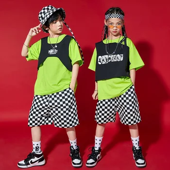 Детски летен танцов костюм в стил хип-хоп за момчета, джаз танц костюм за момичета, черно-бяло каре шорти