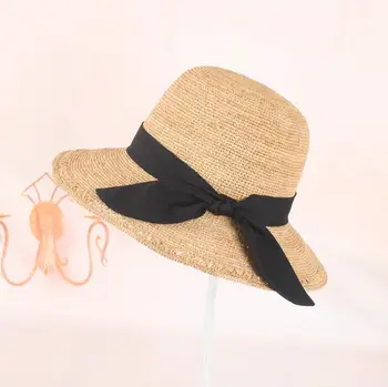2022 Пролетно-лятна дамска шапка от ръчно изработени от лико с пеперуда, стръмни красиви шапки за жени, шапка от слънцето, черна и кафе сламена шапка с панделка