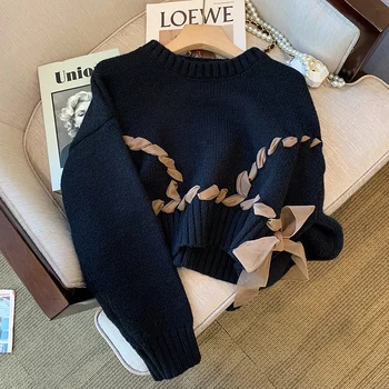 Ретро пуловер женски пролет 2022 нова ниша Западен стил Японски мързелив свободен малък кратък вязаный пуловер тенденция сако дамски