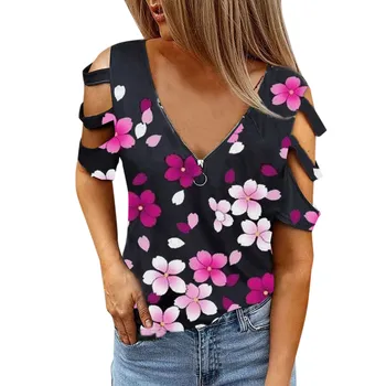 Секси дамска блуза с открити рамене, Лятна Риза с Къс Ръкав и V-образно деколте, в началото на с Цветен Модел, Дамски Блузи