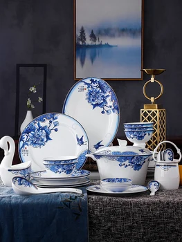 Цзиндэчжэньский набор от бяло-сини порцеланови чинии от костен порцелан, чаши и пръчици за хранене керамични съдове за housewarming
