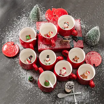 Коледни Чаши, Двойка Керамични Фигурки на Дядо Коледа с Капак и Лъжица с Нов Дизайн на Капака Празничен Стил на Офис Домашна Чаша За Кафе с Мляко