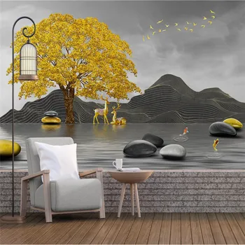 Новият Китайски Стил Златен Голямо Дърво Линия Абстрактен Пейзаж 3D Фото Тапет Модерен Минималистичен Домашен Декор на Стената Тапет 3D