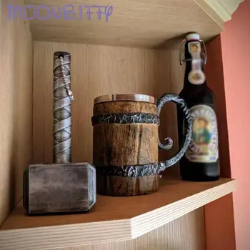Оригинален Viking Дървено Буре Бира Чаша във Формата На Кофата Посуда За Напитки С Дръжка От Неръждаема Стомана С Двойни Стени Коктейлни Чаши за Бар