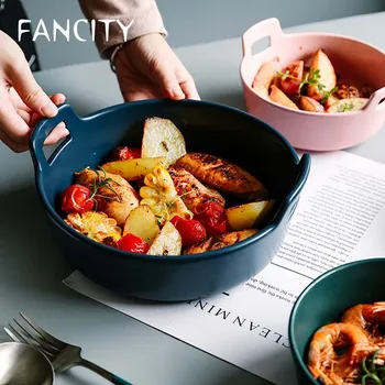 FANCITY Nordic чиста червена суповая купата на домакински единичен керамични съдове креативна двойна ушна купа за спагети за бързо приготвяне голяма закуска яде