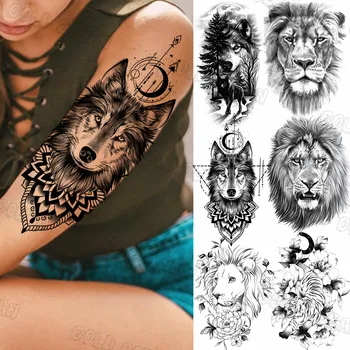 Мандала Tribal Вълк Луната Временни Татуировки За Жени, Мъже Реалистичен Лъв, Тигър Цвете Фалшива Татуировка Стикер Секси Ръка Назад Татуировки 3D
