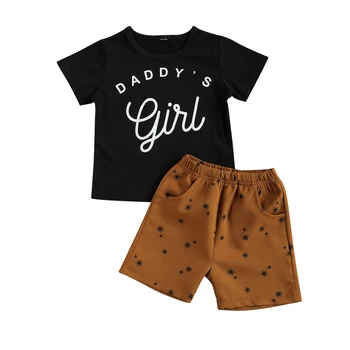 Комплект детски дрехи за момичета от 2 теми, Тениска с къс ръкав и кръгло деколте с писмото принтом + Къси панталони за лятото, Цвят Черно от 1 до 6 години
