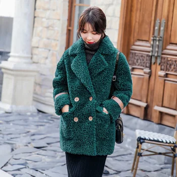 зимно дамско палто 2019, нова мода топло парк от естествена кожа, 100% палто от естествена вълна, яке с отложным яка, двубортный голям джоб